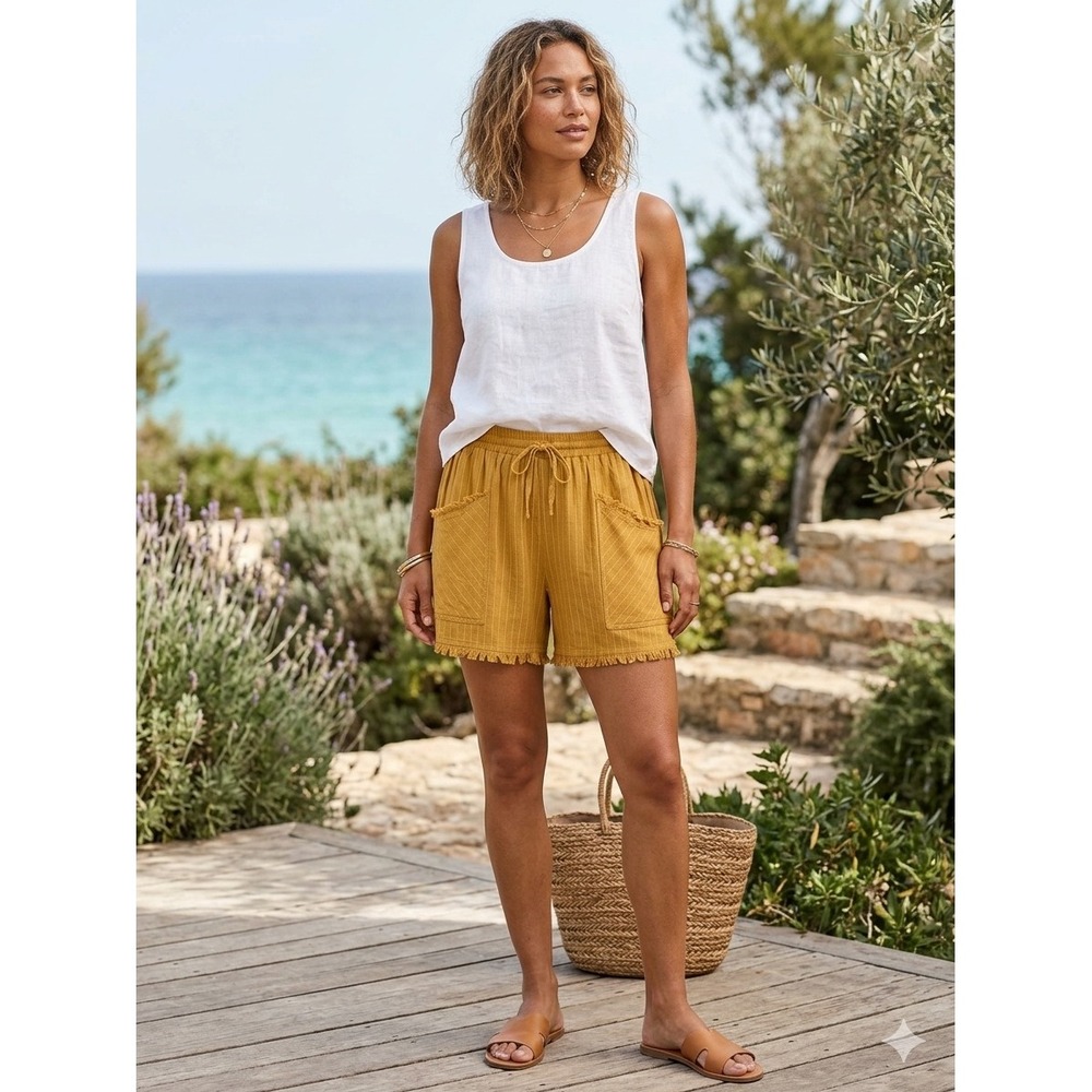 Umgee Mustard Yellow Pinstripe Frayed Hem Linen Blend Shorts M NWT